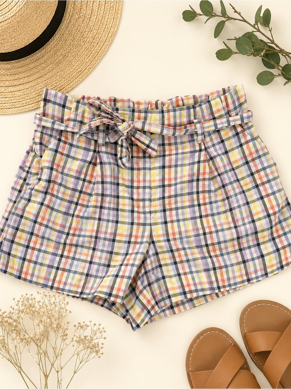 LOFT Plaid Paperbag Tie Waist Shorts Medium Pastel Spring Summer